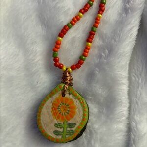 Orange Flower Hand Painted Wood Slice Pendant Necklace Vintage Look